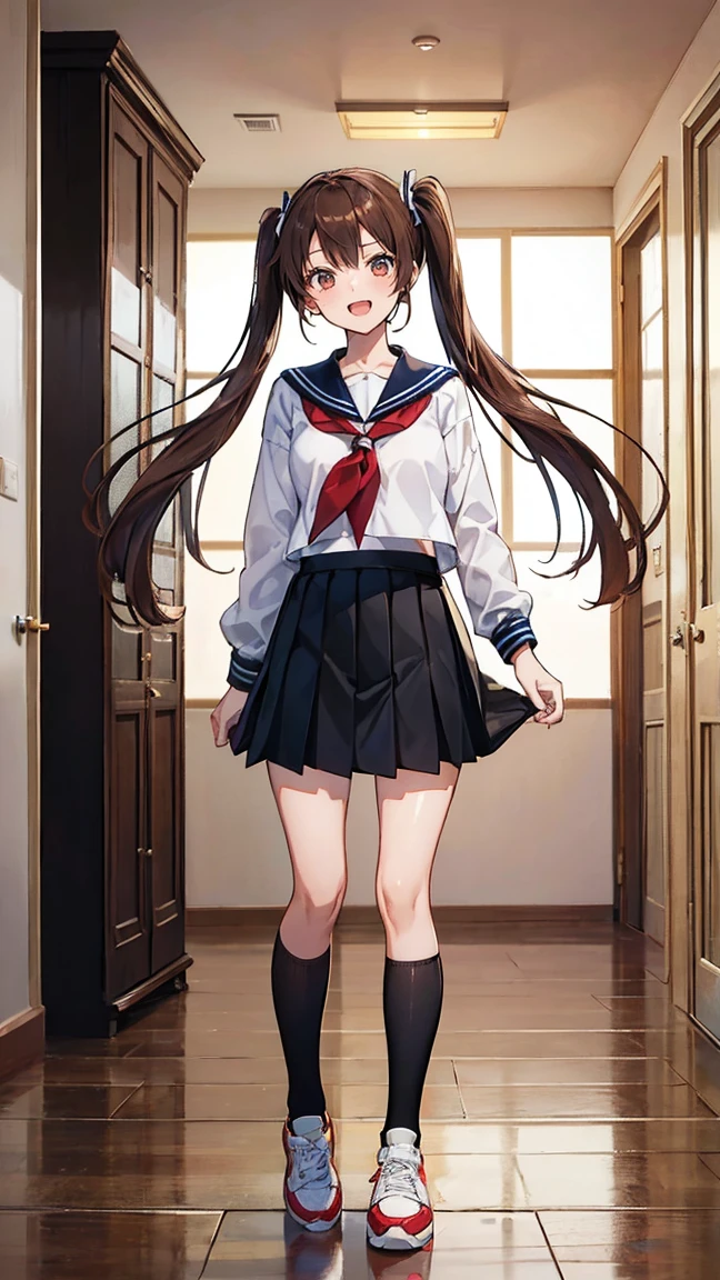 High resolution, High resolution,2D Anime Style,,Cool woman,Mature,,Beautiful thighs,20th Generation,Brown Hair,Side twin tail, Brown eyes,Sailor suit, Black Skirt,Brown sneakers,Navy blue long knee socks, He is laughing a little,whole body,Inside the room,
