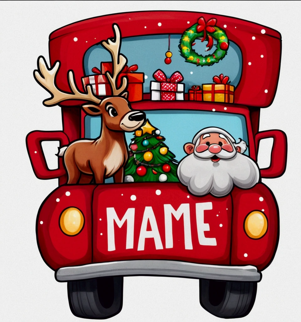 a black and white checkered cargo van, Christmas decorations and a reindeer on the back, colorful, detailed, holiday, 🕹️ 😎 🔫 🤖 🚬, astonishing, ❤🔥🍄🌪, unknown artist, 💋 💄 👠 👗, 🤬 🤮 💕 🎀, profile picture, Santa Claus, close-up, children, collage, kid, community theme