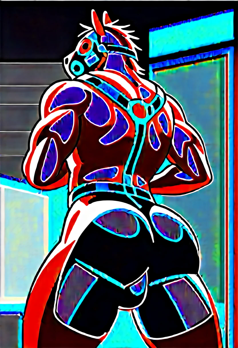animation, Highest quality, Highest quality, High quality illustrations, masterpiece, Ultra-high resolution, Detailed Background, room, On the bed, Absurd, Perfect Anatomy, performance, Good lighting, Shadows in the movies(kemono, Furry Personifi猫ion), horse, Muscle Body, Red Rubber Suit, latex, neon, neonライト, neonカラー, Bodysuits, Cyber Suit, cyber punk, Rubber mask, Harness, big bulge, Show your ass, Dynamic Angle