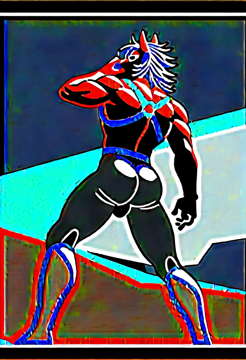 animation, Highest quality, Highest quality, High quality illustrations, masterpiece, Ultra-high resolution, Detailed Background, room, On the bed, Absurd, Perfect Anatomy, performance, Good lighting, Shadows in the movies(kemono, Furry Personifi猫ion), horse, Muscle Body, Red Rubber Suit, latex, neon, neonライト, neonカラー, Bodysuits, Cyber Suit, cyber punk, Rubber mask, Harness, big bulge, Show your ass, Dynamic Angle