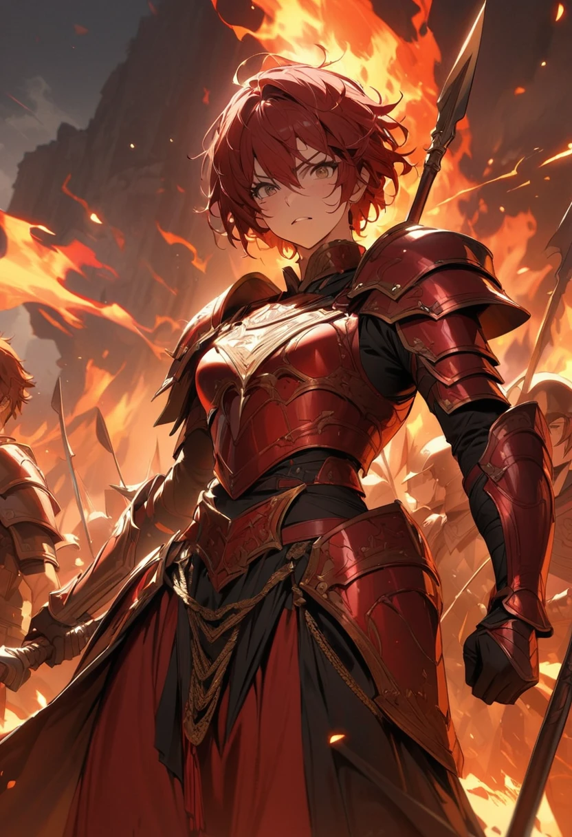 Create a masterpiece, best quality, Highly detailed, The warriors wore simple armor and carried twin spears made of red. & red iron with fire & Lightning surrounded it.