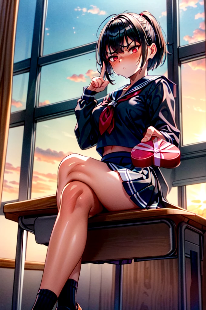 masterpiece, best quality, sunset, cowboy shot, view from below, 1girl, black hair, short hair, high ponytail, medium breasts, sitting on the desk, crossed legs, white sailor fuku, blue plate skirt, black socks, 
middle finger,
 IncrsGift, incoming gift,
 ((looking disgusted)), looking at viewer, ruby red eyes,
in the classroom,