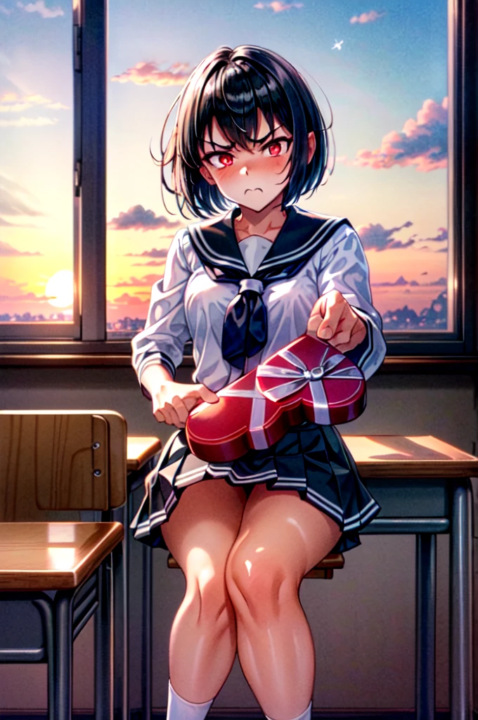 masterpiece, best quality, sunset, cowboy shot, view from below, 1girl, black hair, short hair, high ponytail, medium breasts, sitting on the desk, crossed legs, white sailor fuku, blue plate skirt, black socks, 
middle finger,
 IncrsGift, incoming gift,
 ((looking disgusted)), looking at viewer, ruby red eyes,
in the classroom,