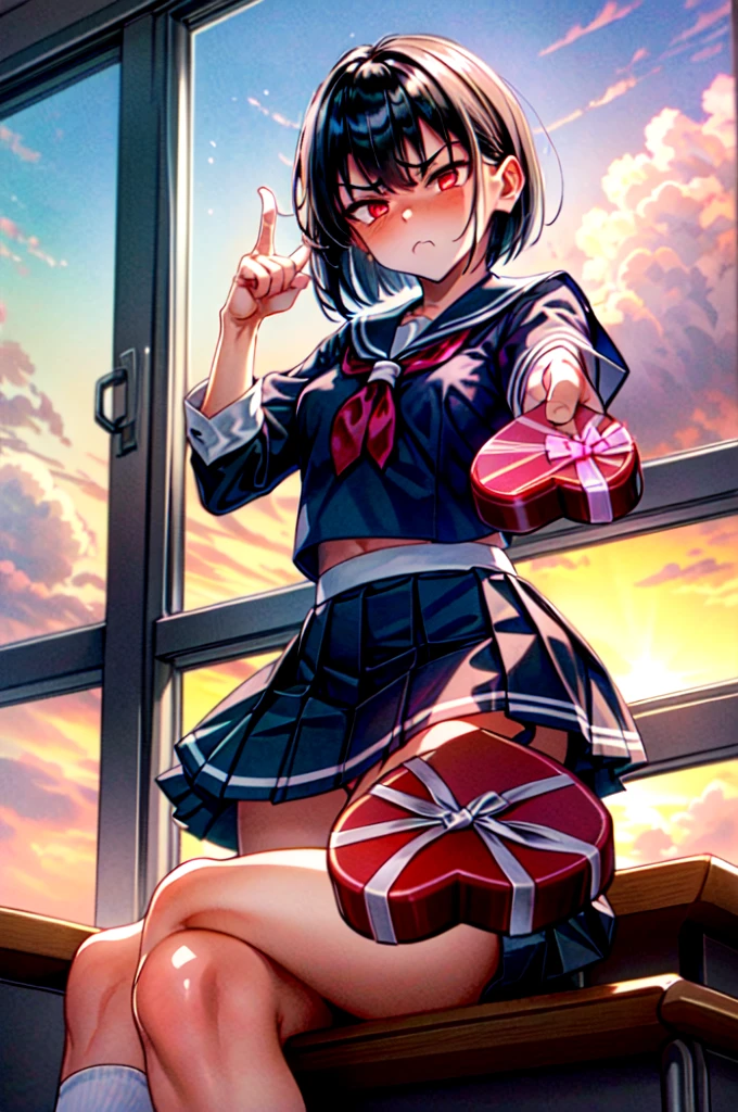 masterpiece, best quality, sunset, cowboy shot, view from below, 1girl, black hair, short hair, high ponytail, medium breasts, sitting on the desk, crossed legs, white sailor fuku, blue plate skirt, black socks, 
middle finger,
 IncrsGift, incoming gift,
 ((looking disgusted)), looking at viewer, ruby red eyes,
in the classroom,