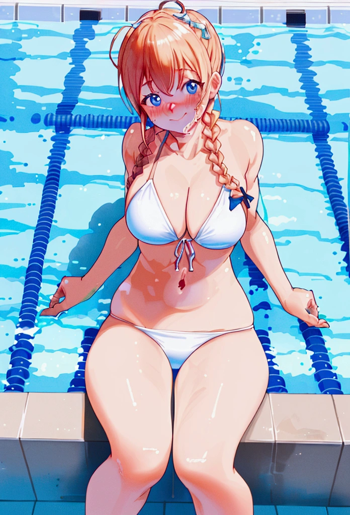 (An incredibly stupid and foolproof solution:1.5), high quality, 最high quality, Masseter muscle area, girl in white bikini, attractive, 8k, Manga Wallpapers, smile, Embarrassed laugh, Cute Anime Girl, ((Swimming pool), (Short braided hair)