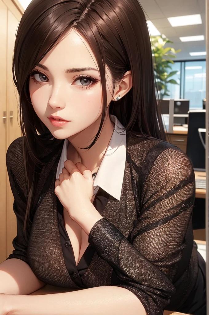 Mature Young,Office Clothes,Erotic style,very cute,whole body,Beautiful and soft skin、Perfect Face、Perfect Face,Gorgeous long brown hair,8k resolution,Ultra-realistic,Very detailed,high quality,Fashionable erotic beautiful immature woman ,(Look at the viewers)