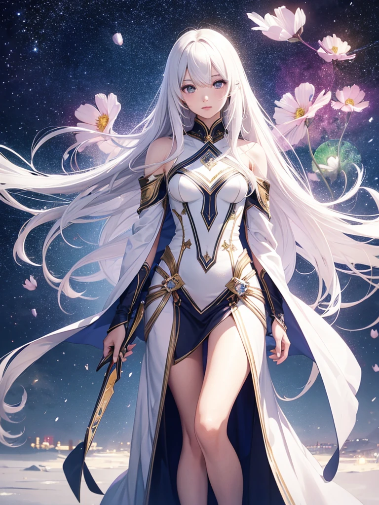 Young and beautiful woman, Cosmos,very_length_hair, One girl, Cosmos, alone, white_armor,Highest quality, Ultra-high resolution,Tokyo Fashion,