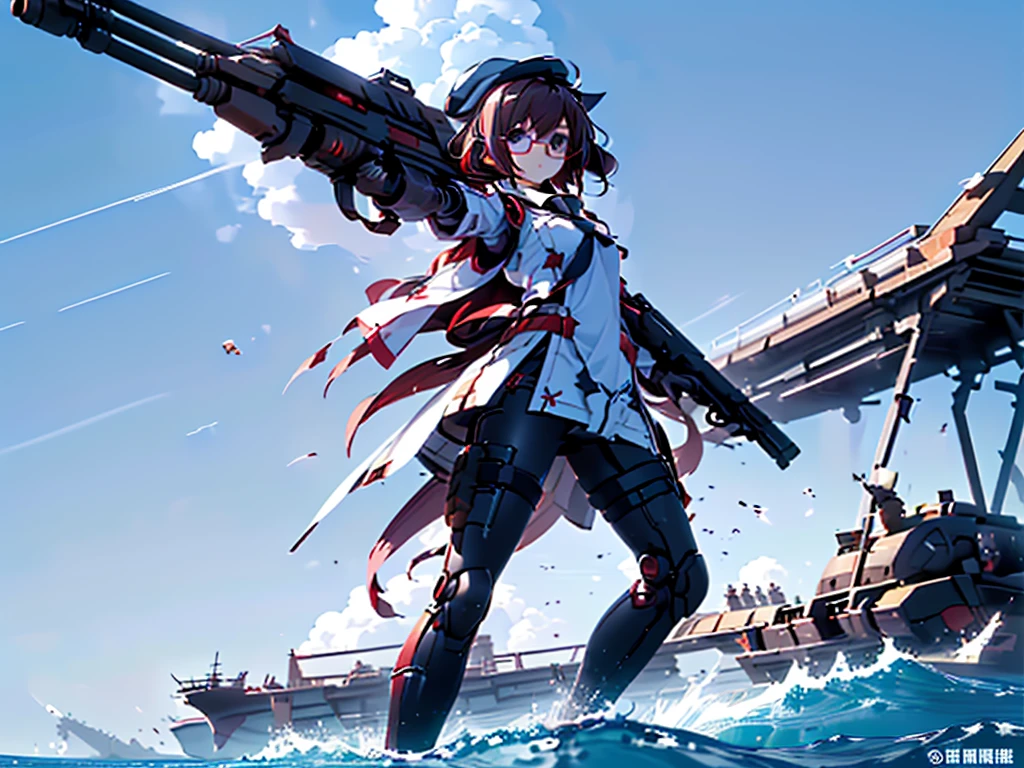 (((masterpiece, Vision))), ((((Full body of a woman with perfect flat chest、1 Female、solo、Short unkempt black hair、Tie your messy hair at the nape of your neck、white military jacket、Miko costume、black tights、Black glasses are black、White military cap、Cloudy black eyes、Confused eyes、Junyo-inspired emblem、Ship-style boots)))), (((Shipgirl))), ((Floating on the morning sea with both feet)), (Standing with your legs apart)), Aim, (Hold the shotgun turret grip with your right hand), (Four mechanical tentacles covered in white armor extend from its back.), (Holding a shotgun with metal tentacles), (Equipped with a bridge on the back), (His left arm holds the grip of a triple-barreled shotgun),