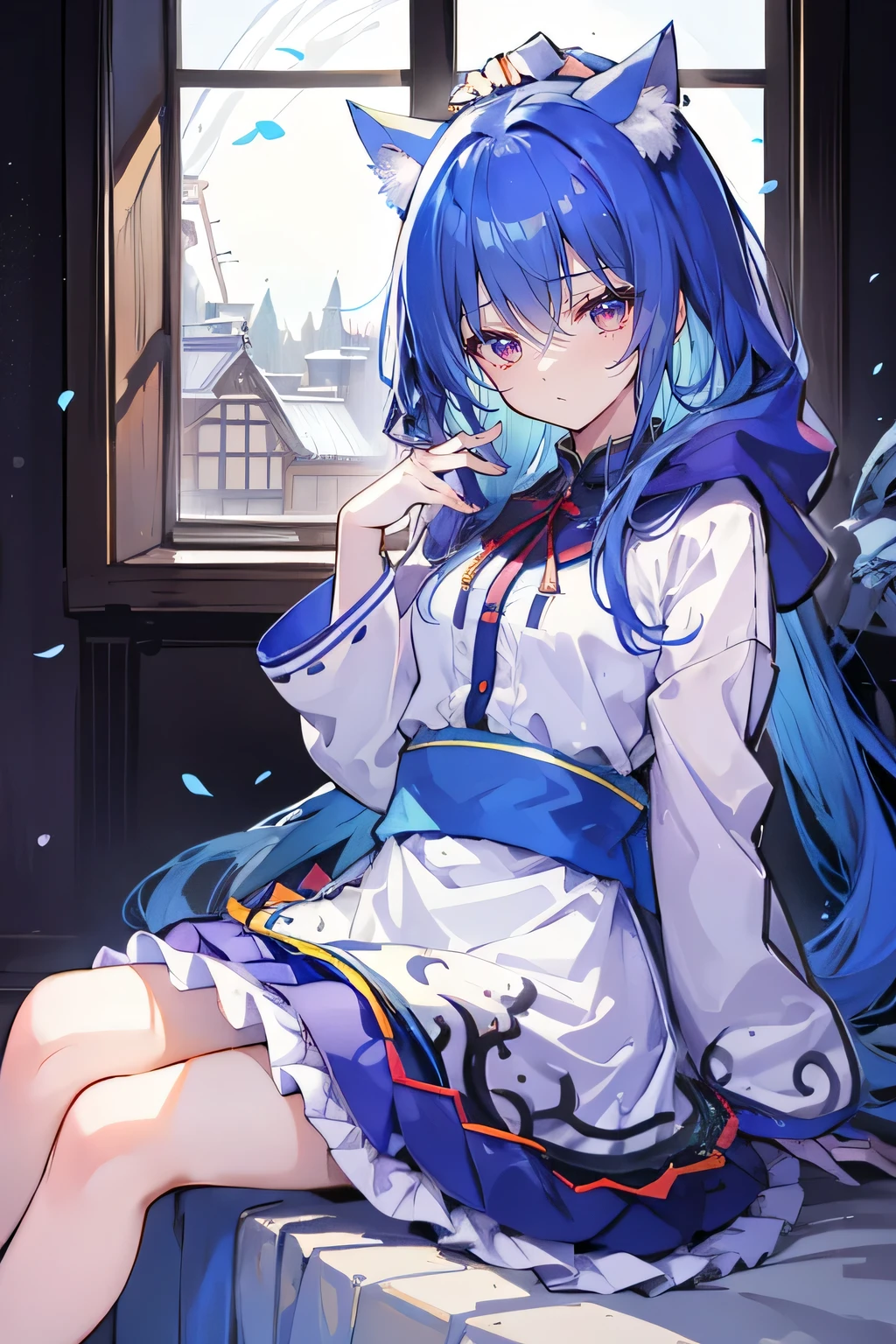 (masterpiece:1.2),Super detailed,lifelike,Expressive eyes,fair skin,perfect face shape,1 girl,
Japanese comics,Gorgeous blue hair,flowing blue hair,flowing clothes,Cat ears,Petals fall,beautiful lola,Baby Angel,
Shaking head with one hand,Cross your legs,Gentle and peaceful background,The pavilion is cool and comfortable,smile, wearing hoodie, In front of the window,snowing,Clear sky,Witch costume,Sitting sideways。