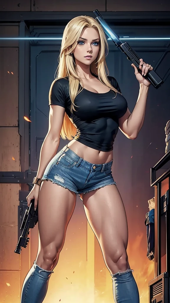 Only one woman with long straight light blonde hair. Bright and expressive blue eyes. She opted black shirt, kitbag, weapon ak-45 in her arm, big hip, long legs. Busty. Beautiful woman. Comic style, marvel comics. Sexy small denim shorts