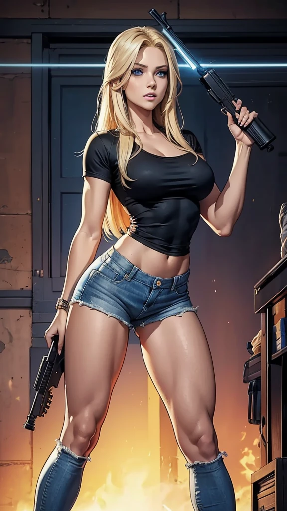 Only one woman with long straight light blonde hair. Bright and expressive blue eyes. She opted black shirt, kitbag, weapon ak-45 in her arm, big hip, long legs. Busty. Beautiful woman. Comic style, marvel comics. Sexy small denim shorts