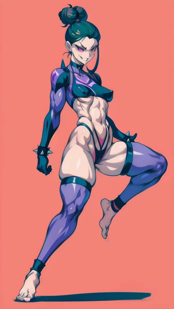 Full body image of Juri Han from Street Fighter 5, wearing her original outfit (black and purple bodysuit with spiked accents, barefoot with taped feet, and arm guards), short black hair styled in twin buns, female body, athletic and flexible body, dynamic pose, detailed pose, simple background, expressive face showing a mischievous grin, focus on face, line art, sketch