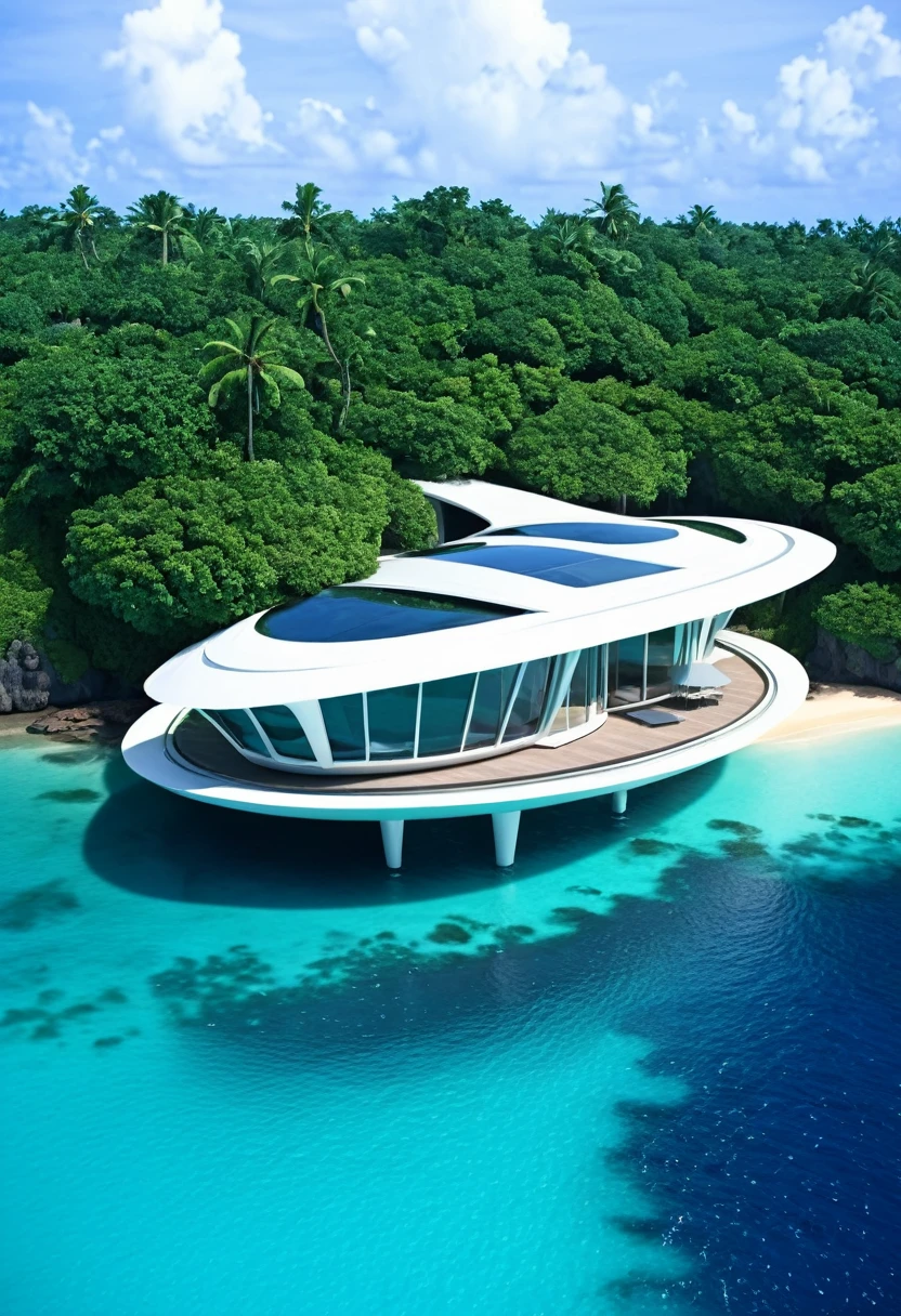 a futuristic house on a tropical island surrounded by sea