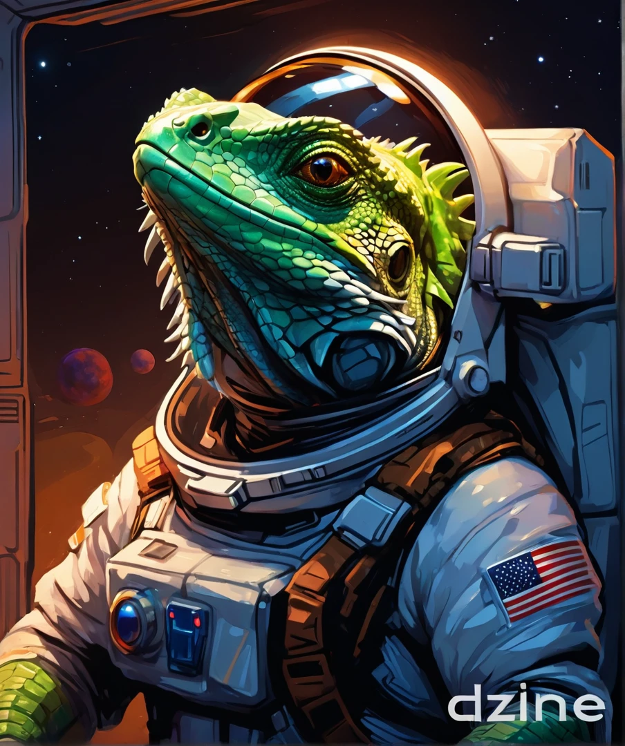 lizard in spacesuit with helmet and American flag on chest, reptilian extraterrestrial, science fiction lizard alien, lizard Man art, sci-fi lizard Man, amazing space creature 4k, hedgehog cosmonaut portrait, inspired by Bob Eggleton, lizard person, lizard Man, Detailed digital illustration, portrait of prize-winning creature, science fiction illustrations