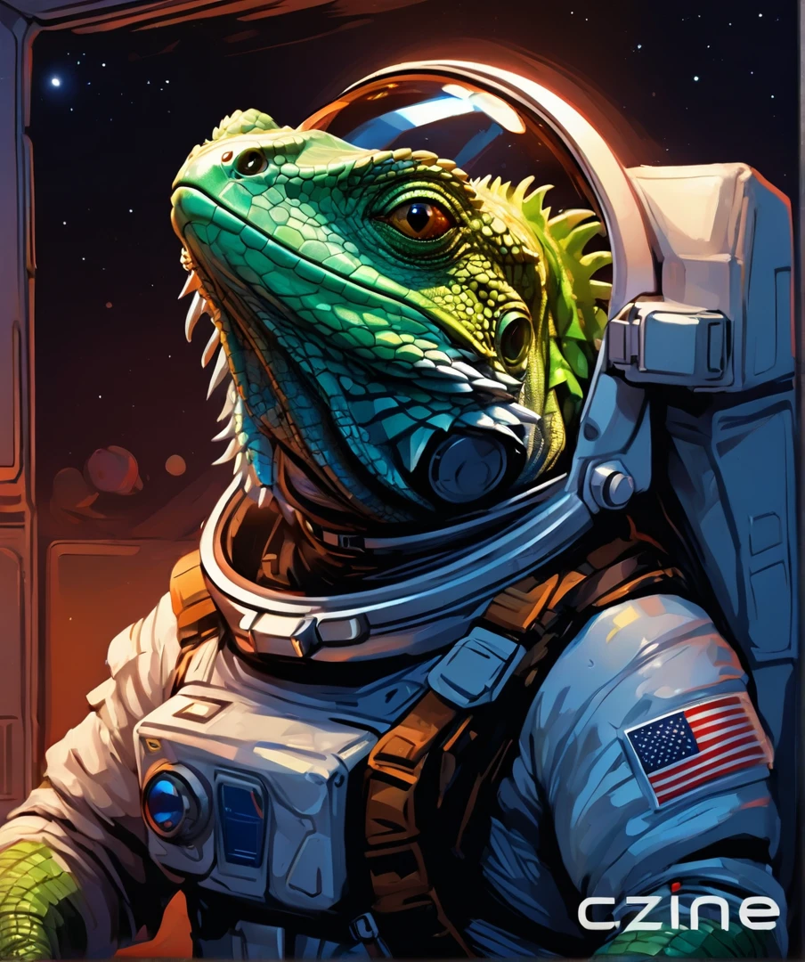 lizard in spacesuit with helmet and American flag on chest, reptilian extraterrestrial, science fiction lizard alien, lizard Man art, sci-fi lizard Man, amazing space creature 4k, hedgehog cosmonaut portrait, inspired by Bob Eggleton, lizard person, lizard Man, Detailed digital illustration, portrait of prize-winning creature, science fiction illustrations