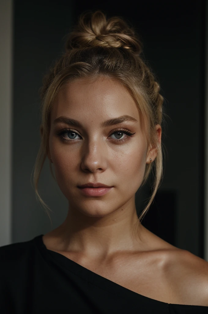 eye contact from a blonde with bun hair and a dark theme