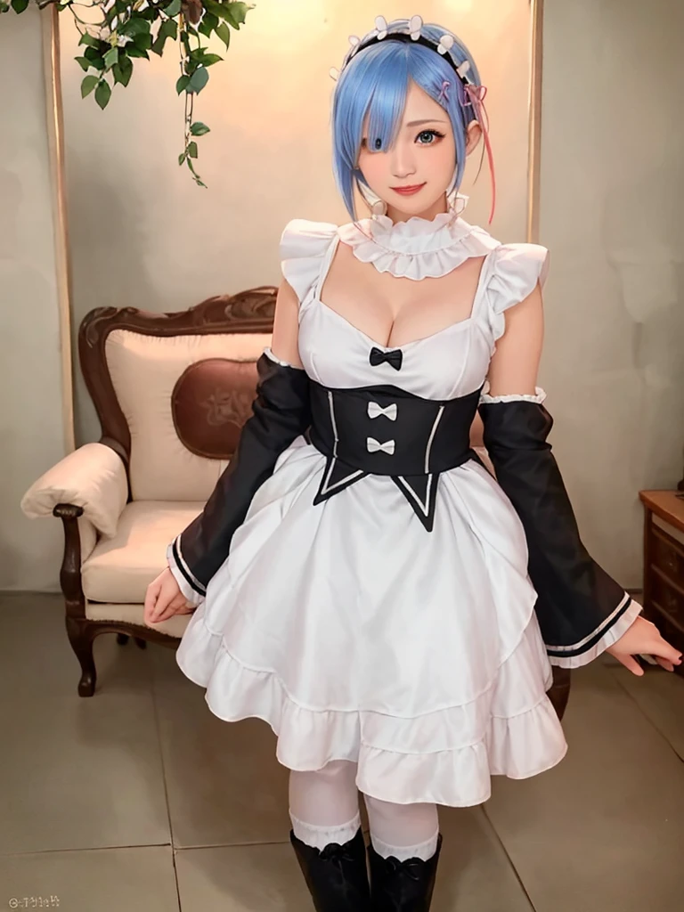 masterpiece, best quality, ultra-detailed, illustration, epic lighting, cinematic composition, colorful, sidelighting, lustrous skin, realistic, 3d face, (finely detailed beautiful eyes: 1.2), 1girl, rem_\(re:zero\),cute, medium breasts, blue hair, short hair, (hair over one eye:1.3), eyes_visible_through_hair, blue eyes, roswaal_mansion_maid_uniform, (head tilt:1.2), standing, close-up, fantasy, summer, night sky, stars, nebula, blue flowers, garden, blue roses, moonlight, peaceful, serenity, (8k:1.1),