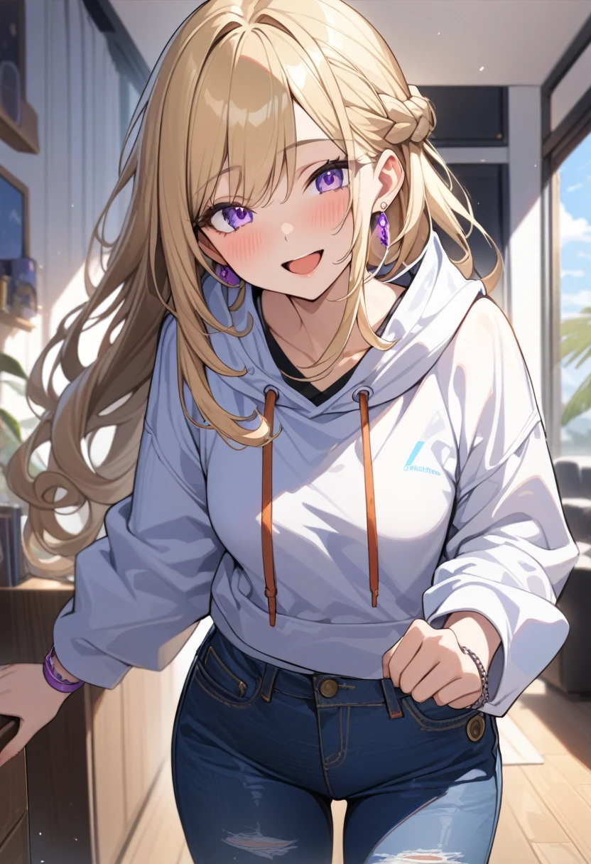 masterpiece, best quality, extremely detailed, ultra detailed, flat anime, 2D,
1girl, (young adult:1.2),blonde hair, (semi-long hair:1.2), curly hair, french braid, medium breasts, purple eyes, tsurime, height 1.7meters, 
white hooded sweatshirt, jeans,  earring,bracelet, long sleeves,socks,
open mouth, smile, Suddenly remember something.,with upturned eyes,
upper body, portrait, 
summer, livingroom, 12AM., standing