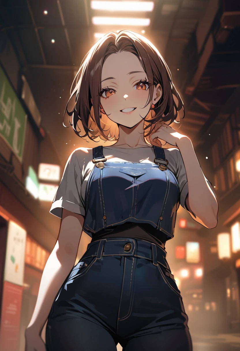 1 girl, bob, center part, forehead, brown hair, piercing, brown eyes, model posing, smile,
BREAK (masterpiece), (high resolution 8K), cinematic lighting, professional lighting, detailed eyes and face, detailed body,
BREAK (Bare, overalls:1.2)