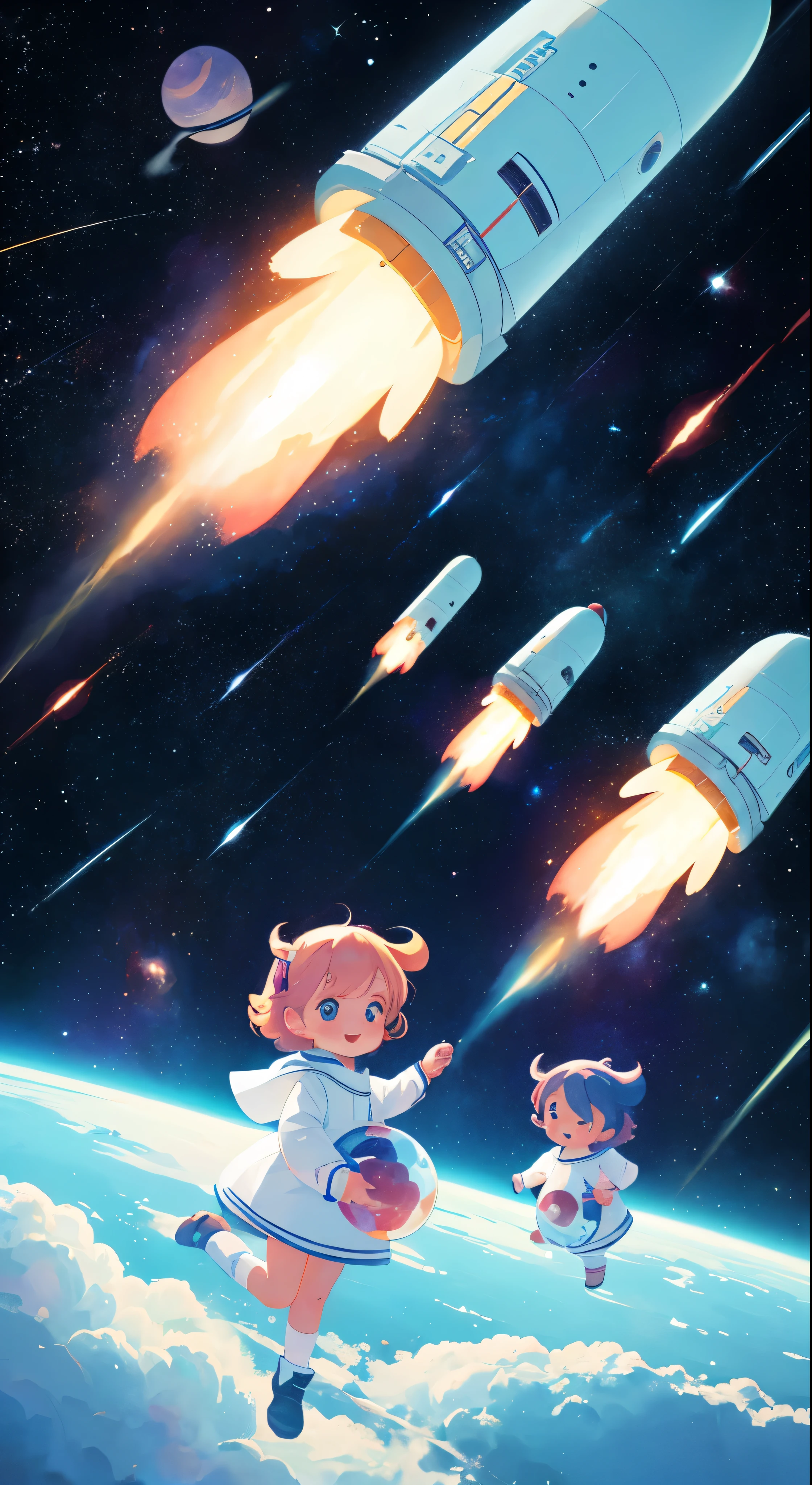 galaxies, rocket, planets, stars, cute illustration, cute art, cute characters, cute digital art, illustrated in whimsical style, children&#39;s illustration, cute features, illustration, cozy calm, cute detailed digital art  