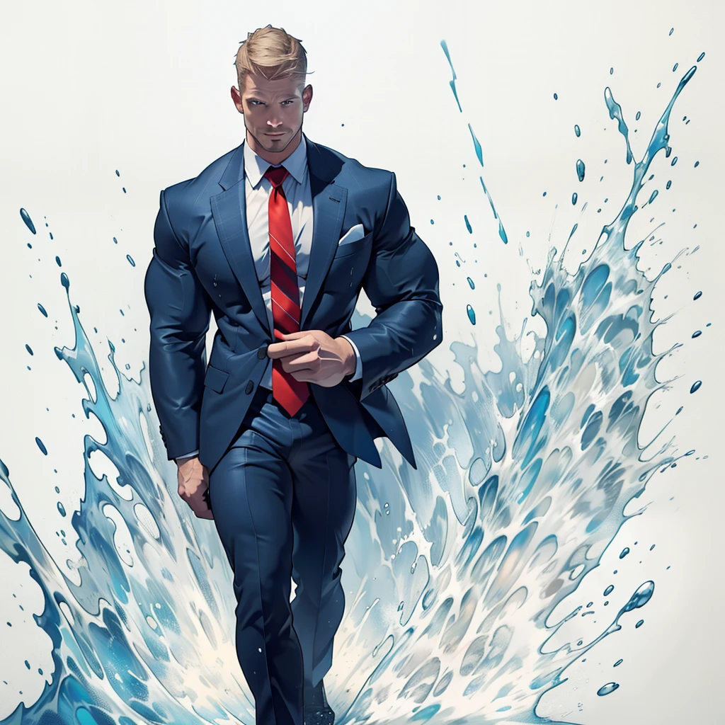 1 man, male focus solo, middle aged man,Stephen AMELL as private investigator, lean muscle,very light blue shirt, marine blue businessman suit ,( red tie) ,( big bulge), full body shot, dark blond short hair, well groomed facial hair, holding a gun with one hand, , ultra high quality, masterpiece, (clear intense splashed blue and white paint in the blackground)