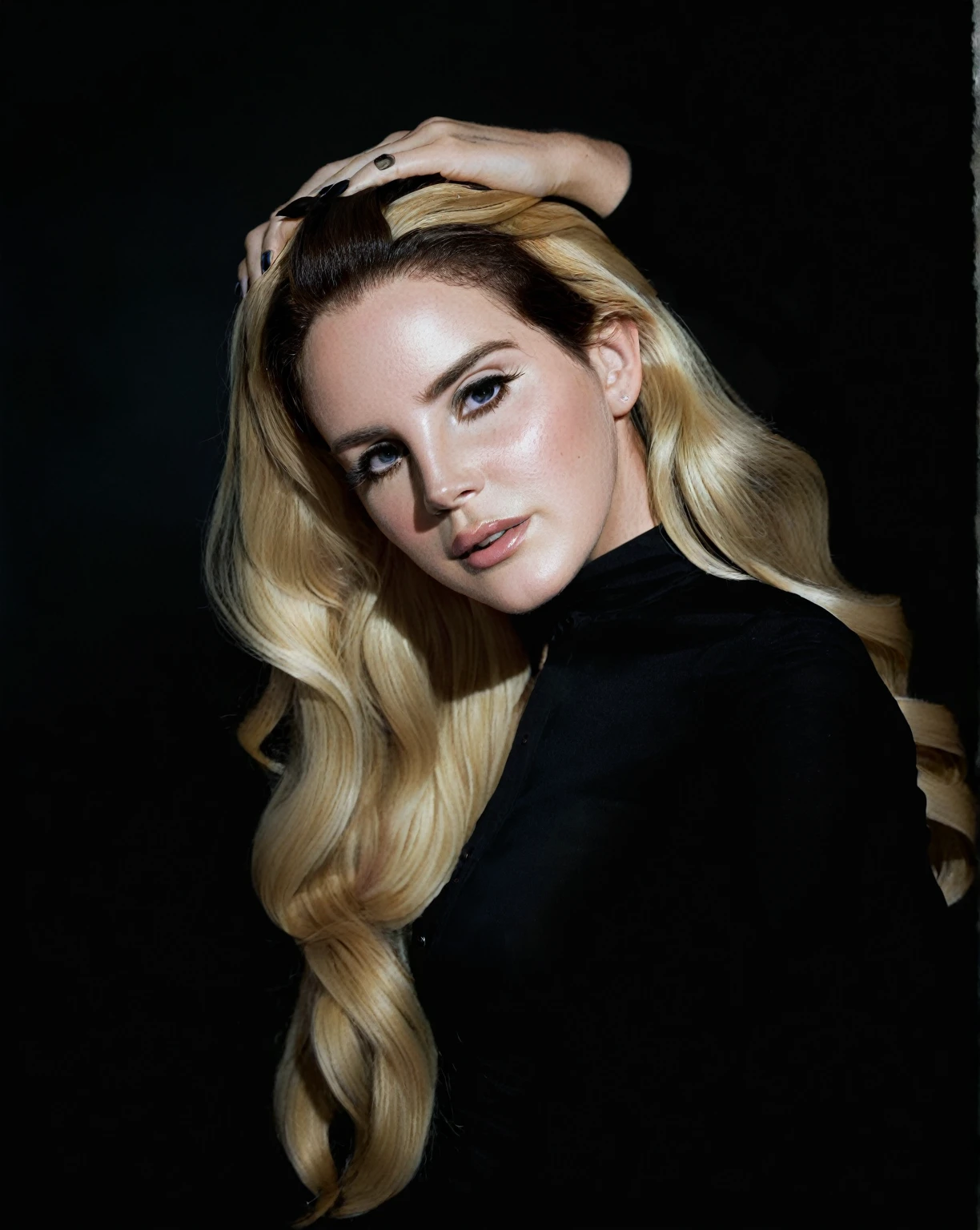 a woman with long blonde hair wearing a black top and hand in her hair, portrait of lana del rey, Portrait of woman, 