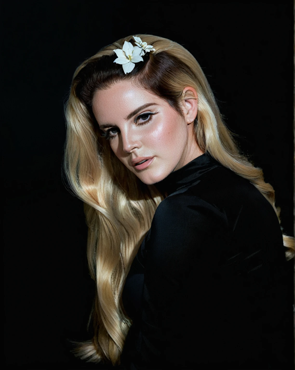 a woman with long blonde hair wearing a black top and hand in her hair, portrait of lana del rey, Portrait of woman, 