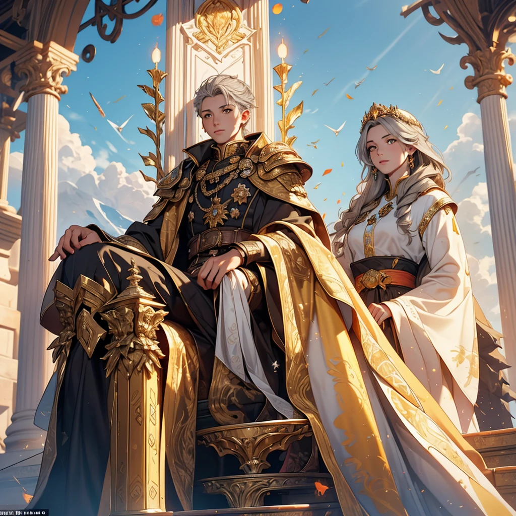Attention to detail, Clarity, 8 kilometers, Throne of Fire, Young Woman, 18-year-old, Light grey hair, short hair, Yellow Eyes, Blue sky in the background, Walk up the flaming stairs to the heavens、To the throne before me, realism, Fantasy,