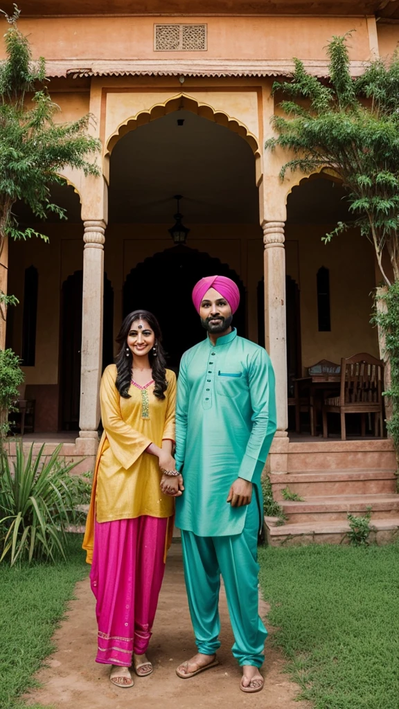 Create a cartoon image of a Punjabi couple. The man should be wearing a colorful kurta-pajama with a matching turban, and the woman should be in a bright and vibrant salwar kameez with a dupatta. Both characters should have happy expressions and exaggerated features typical of cartoon styles. They should be standing together in a cheerful setting, with elements like lush green fields, a traditional Punjabi house, or a tractor in the background to give a sense of their rural environment