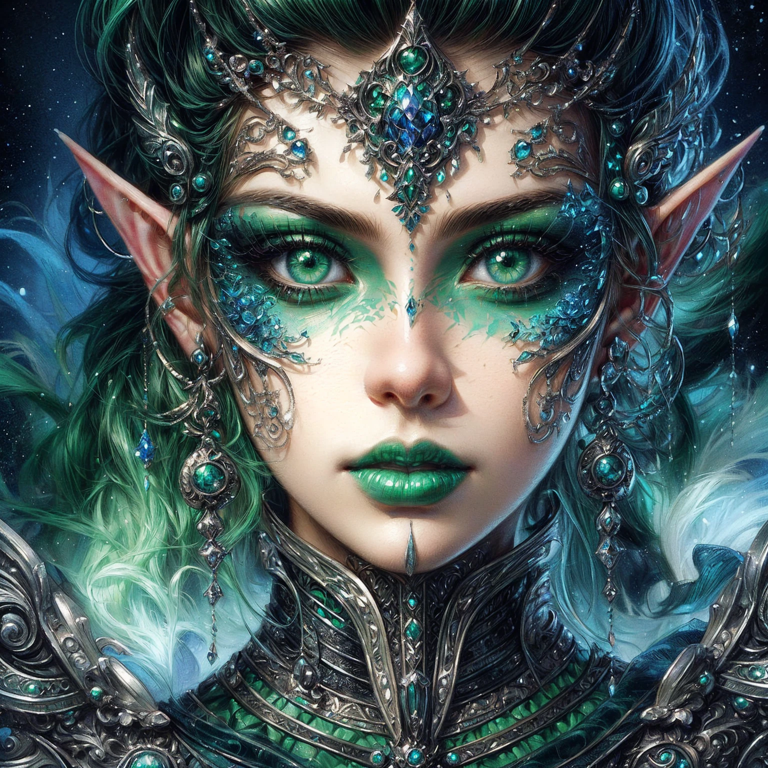 a close up of a woman with green eyes and a green nose, portrait of an elf queen, detailed matte fantasy portrait, detailed fantasy digital art, elf queen, portrait of very beautiful elf, detailed fantasy art, portrait of an elf, centered elven, fantasy art portrait, elven princess, fantasy portrait art, an elf queen, elven, fantasy portrait