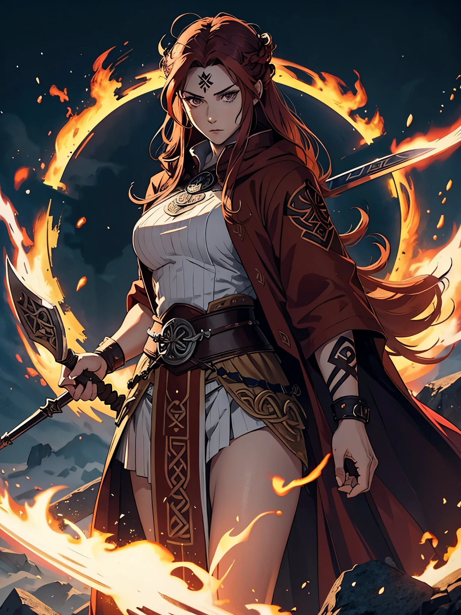 Older. More anime. 2d. Glow. Nordic clothing. Sidecut. Viking hairstyle. Long robe. masculine, Viking clothing. Red hair. woman. flat. freya. Goddess of War. Muscles. strength. Feuermagie. Brown robe. Viking warrior. Celtic Tattoos. silver jewelry. Brown clothes. Rotes Make Up.