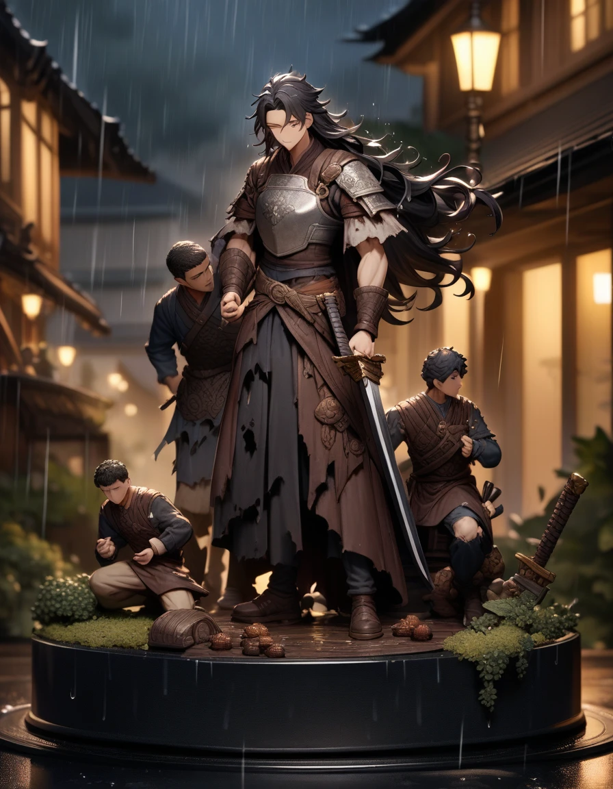 Torn clothes, Outdoor, rain, breastplate), (Highest quality), (Very detailed), so beautiful, figure, Disheveled Hair, Perfect composition, Moisturized Skin, Intricate details,Two Men、Sword and mulberry clash、farmer、government official、Dimly lit space