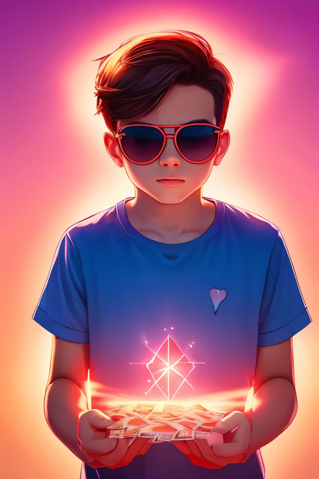 Boy with sunglasses,scattering wads of cash and red stones in the clear sky,luminous design, pastel colours, spring lights