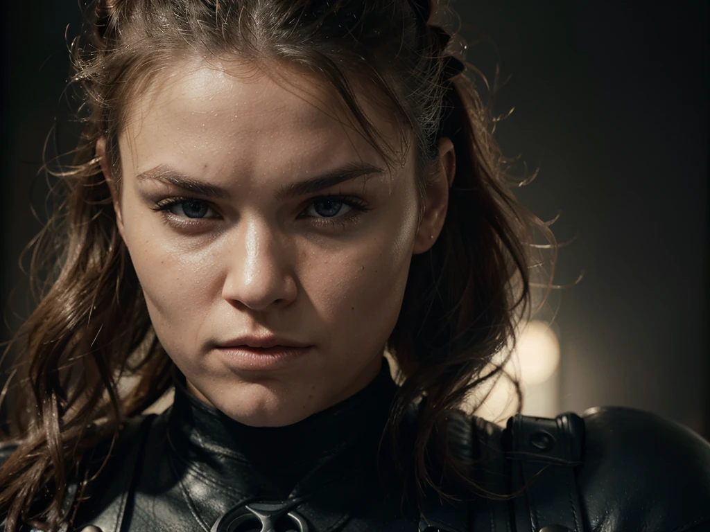 Ronda Rousey as Sonya Blade, beautiful detailed eyes, beautiful detailed lips, extremely detailed face and body, muscular athletic body, black leather outfit, tactical military gear, fierce expression, dramatic lighting, cinematic scene, photorealistic, (best quality,4k,8k,highres,masterpiece:1.2),ultra-detailed,(realistic,photorealistic,photo-realistic:1.37),cinematic,dramatic,epic,intense