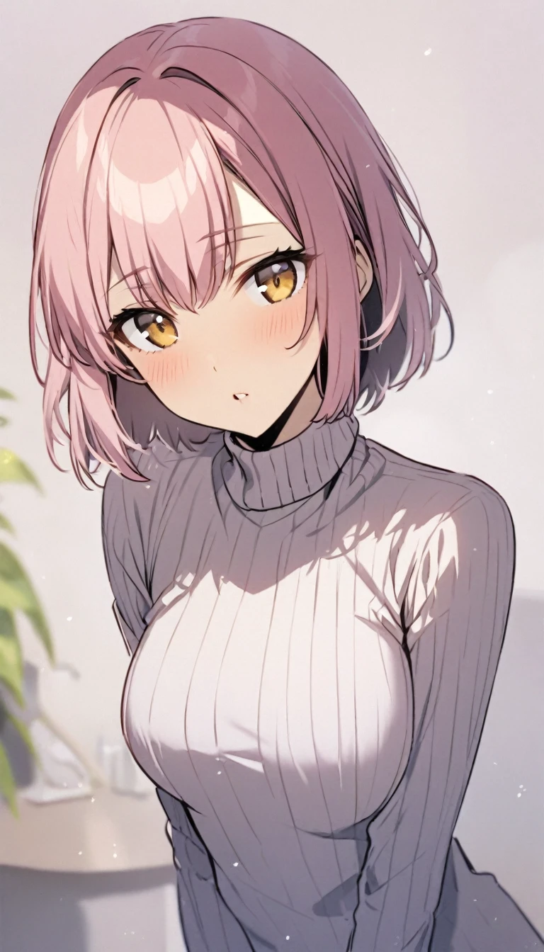 Pretty, solo, female, long pink hair, young, golden eyes,tight sweater, noona