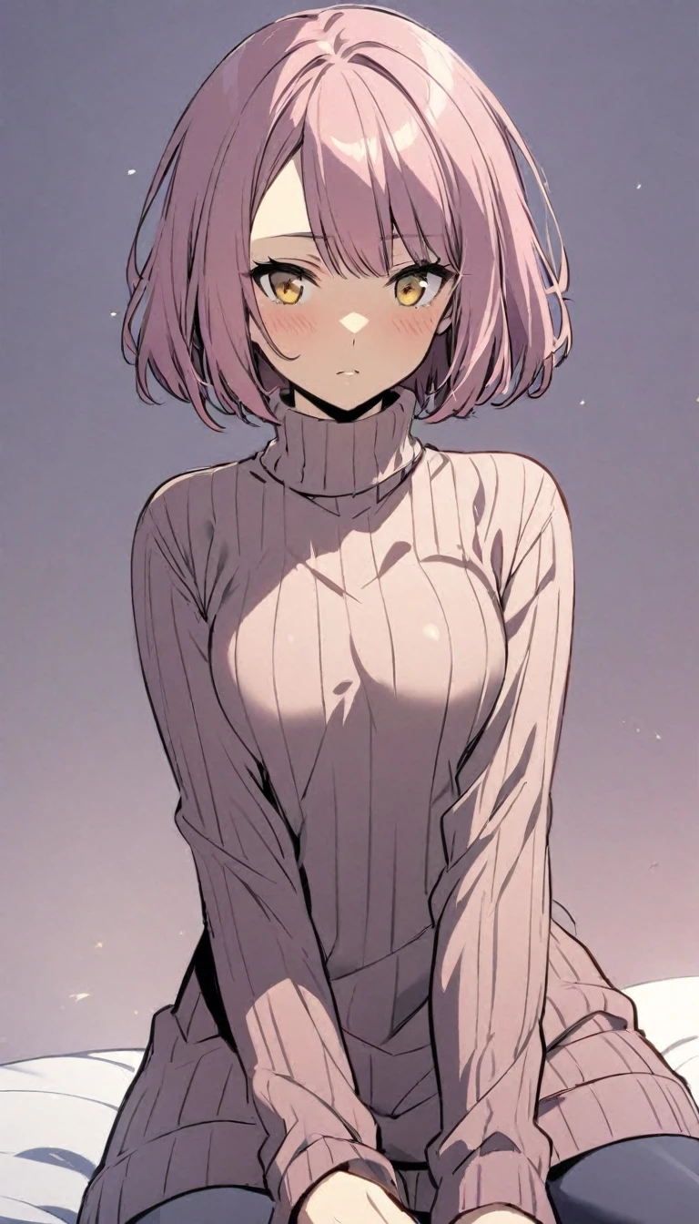 Pretty, solo, female, long pink hair, young, golden eyes,tight sweater, noona
