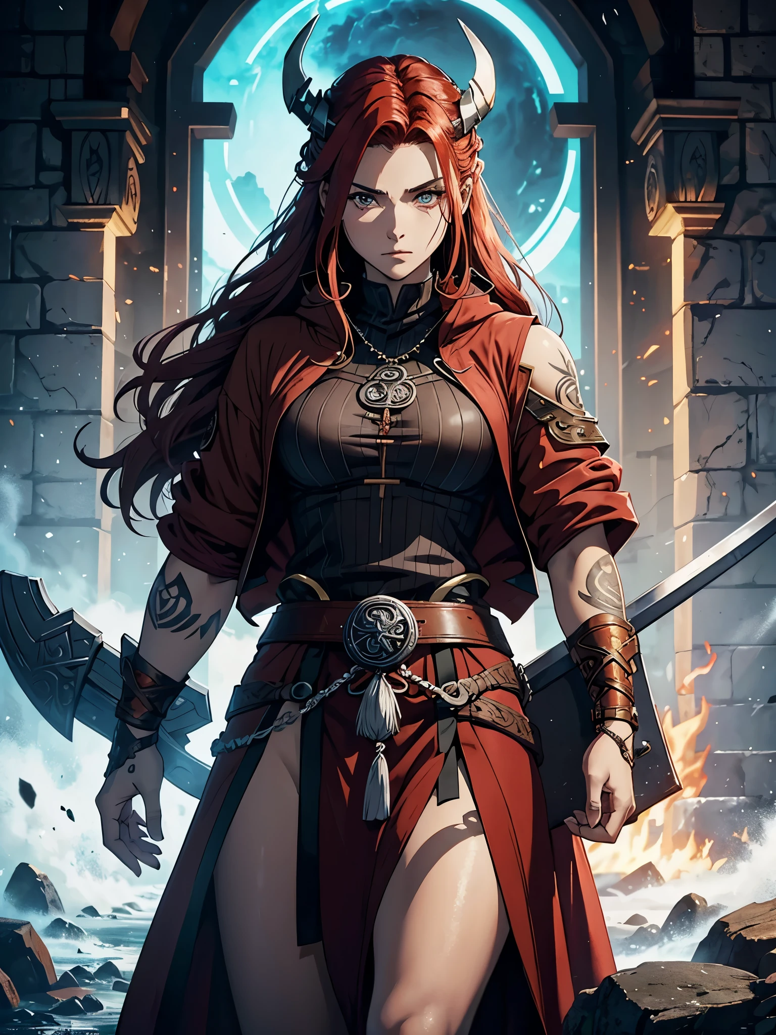 Older. More anime. 2d. Glow. Nordic clothing. Sidecut. Viking hairstyle. Long robe. masculine, Viking clothing. Red hair. woman. flat. freya. Goddess of War. Muscles. strength. Feuermagie. Brown robe. Viking warrior. Celtic Tattoos. silver jewelry. Brown clothes. Rotes Make Up.