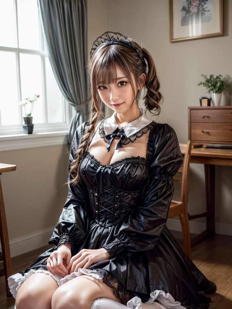 (8K, Photorealistic, Raw photo, of the highest quality: 1.3), (1girl in), Super beautiful, (Realistic face), (boyish, Silver Color Berry Shorthair), Beautiful , Glare that captivates the viewer, Beautiful expression, Beautiful breasts, (Realistic skin), Be...Super high quality, super high definition, super detailed, masterpiece, 20years old, female, cute, perfect face, beautiful, nice body, gothic lolita clothes, gothic lolita fashion, frilly skirt, headdress, necklace, bracelet, knee-high socks, boots, double eyelids, tear bags, Detailed down to the fingers, photo-like description, indoors, dim indoor lighting, blonde hair, pony tail, standing, whole body, composition that shows the whole body, smiling