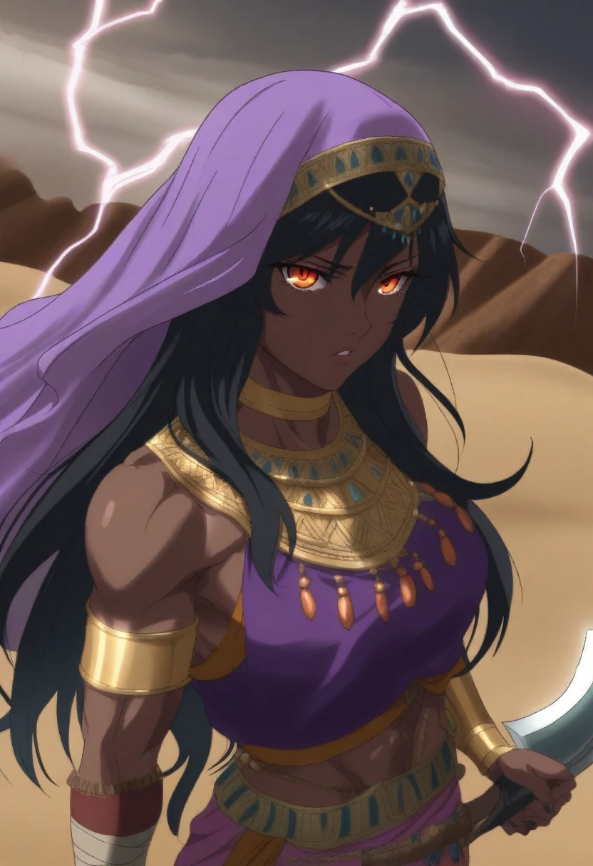 {{portrait, dutch angle}} {{Artist: Sincos}} 1girl, solo, toned female, mature female, medium breasts, black hair, long hair, chocolate skin, muscular, amber eyes, sharp eyes, full lips, leather armour, purple clothing, Arabian clothing, desert clothing, lightning, holding glaive, outdoors, desert, ruins, looking at viewer, standing, sunny, Middle Eastern Fantasy, day, lightning weapon, glaive, arms wrapped in bandages, veil, purple veil, golden lightning, day, blue sky, sun