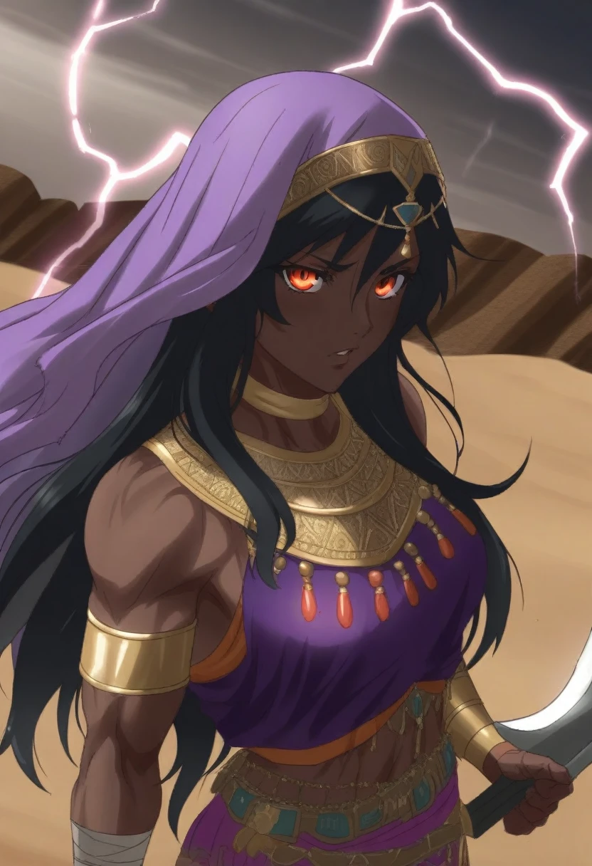 {{portrait, dutch angle}} {{Artist: Sincos}} 1girl, solo, toned female, mature female, medium breasts, black hair, long hair, chocolate skin, muscular, amber eyes, sharp eyes, full lips, leather armour, purple clothing, Arabian clothing, desert clothing, lightning, holding glaive, outdoors, desert, ruins, looking at viewer, standing, sunny, Middle Eastern Fantasy, day, lightning weapon, glaive, arms wrapped in bandages, veil, purple veil, golden lightning, day, blue sky, sun