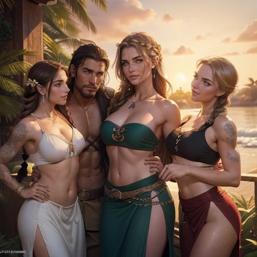 (((((One short-haired very-tall muscular Handsome barbarian chad hugging three beautiful bitches girlfriends tackling him and touching him,)))))  dressed for the beach, perfect bodies, (((women: very long flowing hair down their backs like a cascading waterfall))), flowers in hair, seductive, golden hour, , jewelry, golden hour, photorealistic, professional photographer with a great sense of composition Ava depth masterpiece, in love, grins, perfect faces, athletic muscular bodies, instagram models, Flirtatious, setting: a beach, harem, watercolor, on blanket (huge Laughing:0.5), (open mouth:0.4), (wide open eyes:1.2) masterpiece, high quality, cinematic cinematography,  Gardener, mischievous and joyful woman, big grin and flirtatious eyes, washboard abs , wide hips and nice ass, very tan skin from the sun, dynamic& , prominent freckles all over face and body, absolute babe,  (((very long hair in loose braid))) so many Viking and Celtic Tattoos on body and arms and shoulders, beautiful shoulders and collarbone, jaw structure of someone who works out, (((a medieval tubetop, with a long skirt with a slit))), boots that go high up her legs, blue eyes, sweaty skin glistening and wet, in a fantasy :&gcozy greenhouse with tons of flowers, Gothic, cozy, fantasy setting, day time on a hot summer day, golden hour, ((extremely detailed face, mature intelligent gorgeous face)), flowers everywhere,, wide hips , expression of absolute  love and adoration, a lot of jewelry, pretty eye makeup, gorgeous lips , a Viking princess, regal personality, oil painting style, big beautiful eyes looking intelligent looking at camera, sexy adorable pose , dynamic