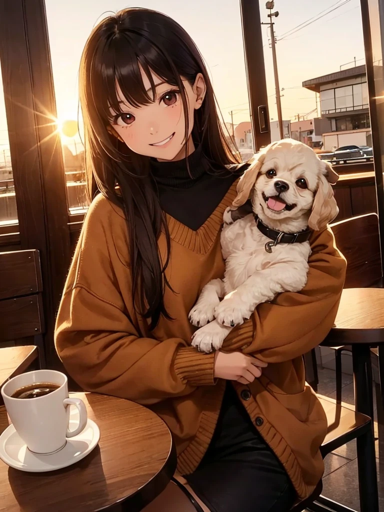 He is wearing a brown sweater and sitting in a cafe drinking coffee、A cute girl with long black straight hair, brown eyes and a round face, sunset, Smiling with no bangs and showing teeth, Holding a poodle puppy in her arms