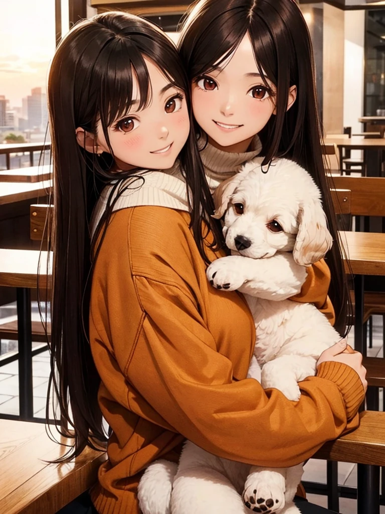 He is wearing a brown sweater and sitting in a cafe drinking coffee、A cute girl with long black straight hair, brown eyes and a round face, sunset, Smiling with no bangs and showing teeth, Holding a poodle puppy in her arms