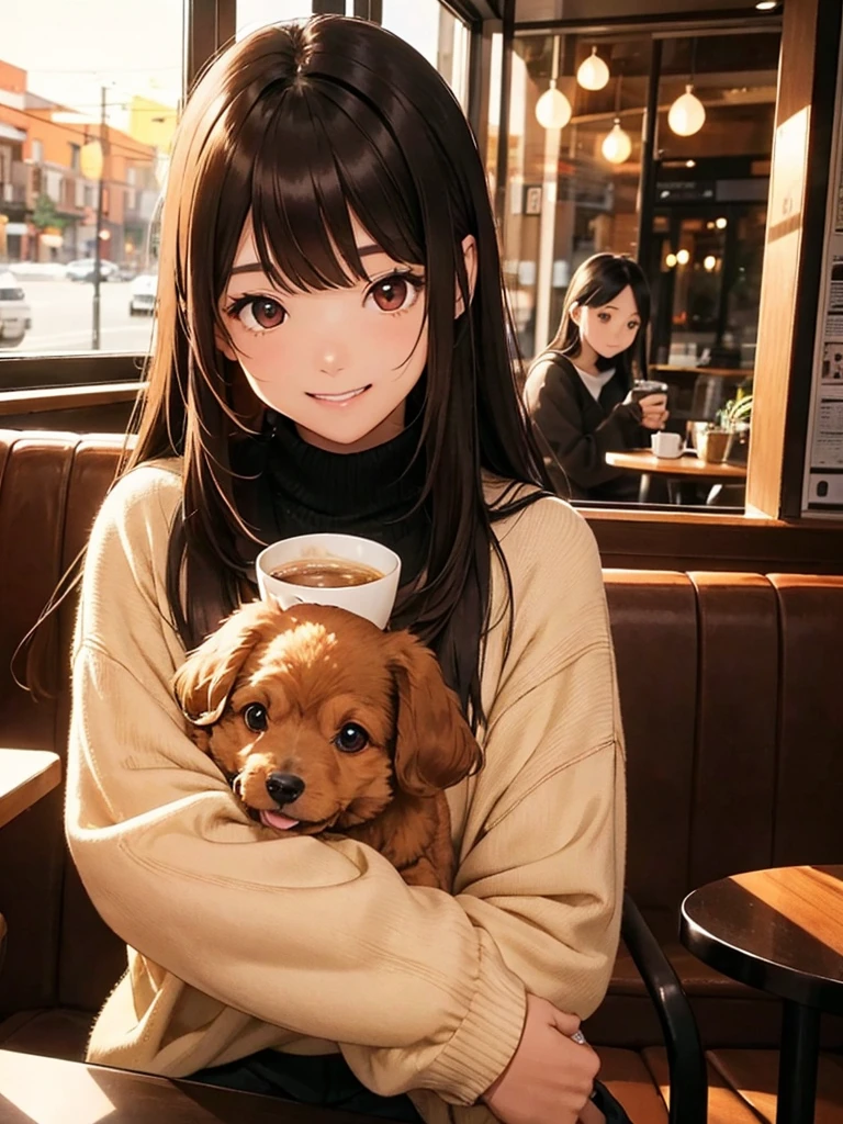 He is wearing a brown sweater and sitting in a cafe drinking coffee、A cute girl with long black straight hair, brown eyes and a round face, sunset, Smiling with no bangs and showing teeth, Holding a poodle puppy in her arms