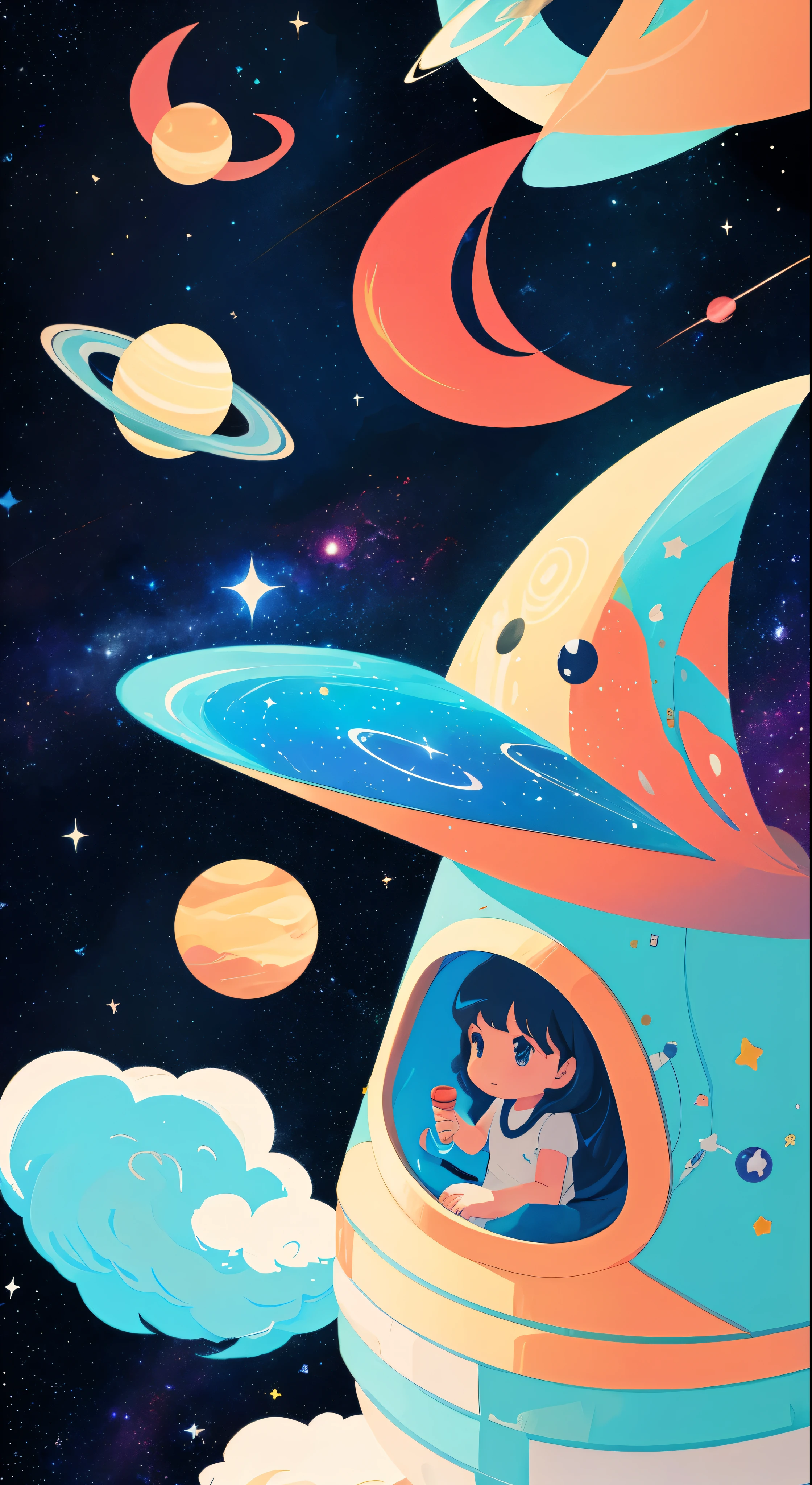 galaxies, rocket, planets, stars, cute illustration, cute art, cute characters, cute digital art, illustrated in whimsical style, children&#39;s illustration, cute features, illustration, cozy calm, cute detailed digital art  