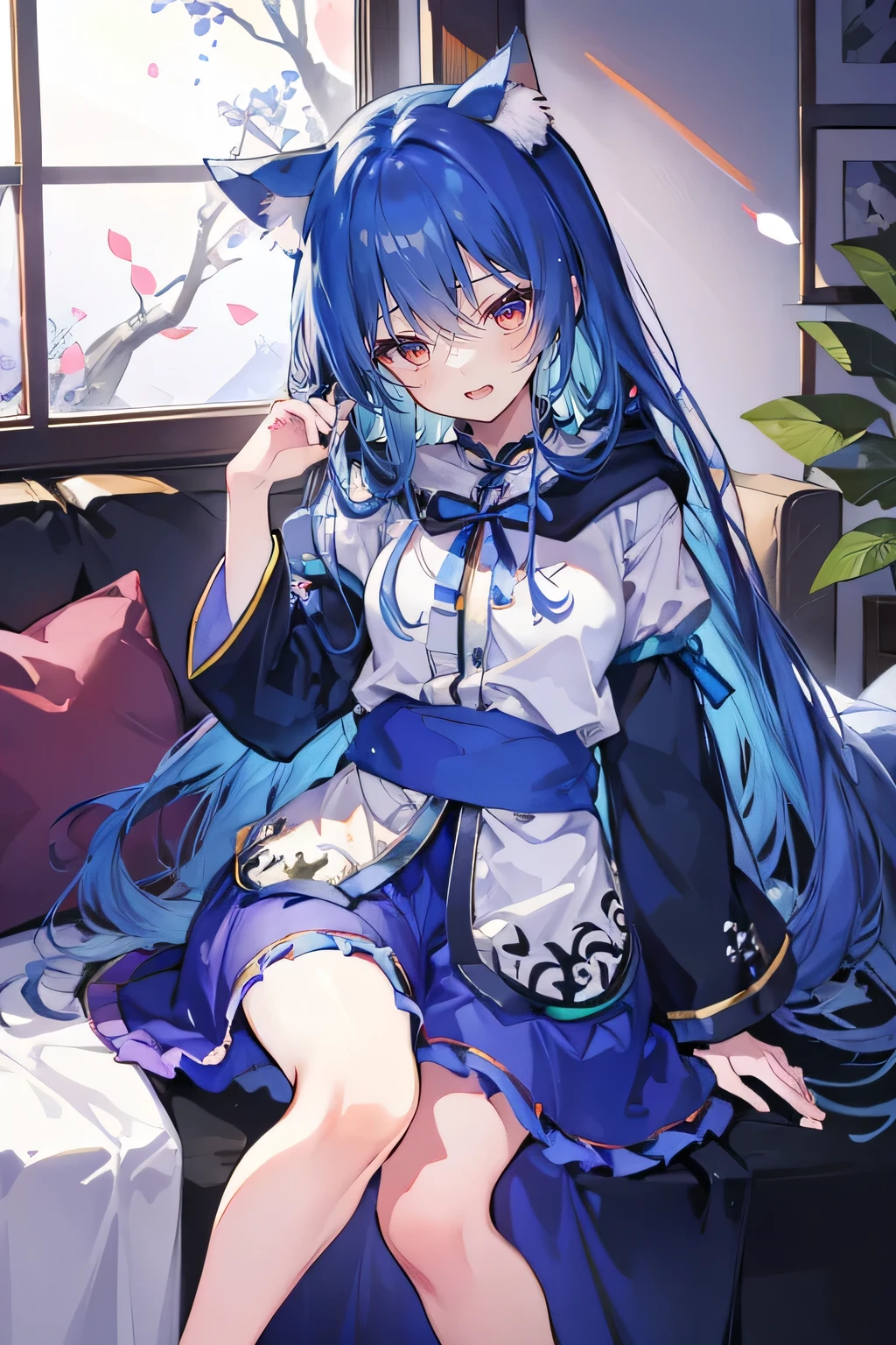 (masterpiece:1.2),Super detailed,lifelike,Expressive eyes,fair skin,perfect face shape,1 girl,
Japanese comics,Gorgeous blue hair,flowing blue hair,flowing clothes,Cat ears,Petals fall,beautiful lola,Baby Angel,
Shaking head with one hand,Cross your legs,Gentle and peaceful background,The pavilion is cool and comfortable,smile, wearing hoodie, In front of the window,snowing,Clear sky,Witch costume,Sitting sideways。