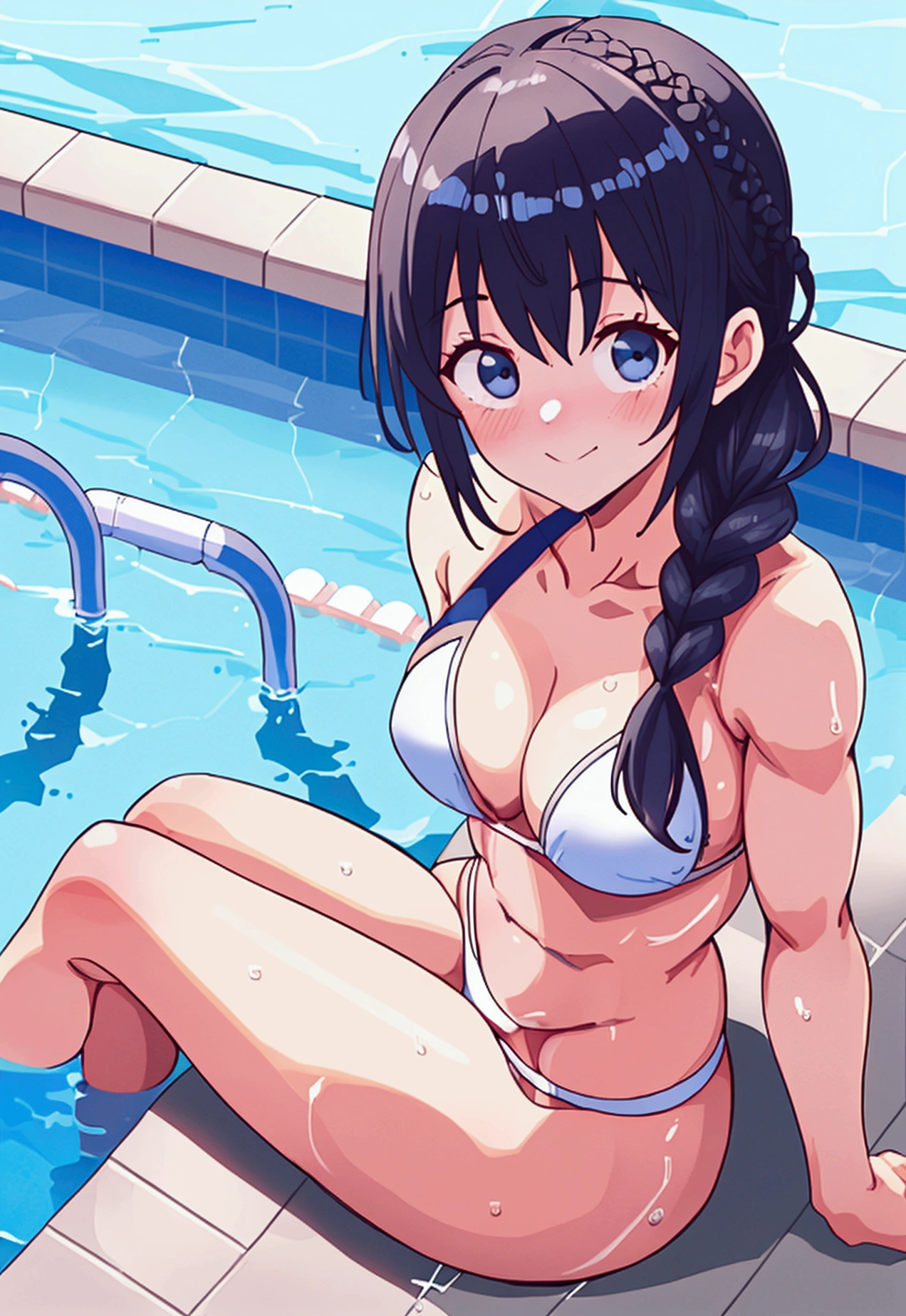 (An incredibly stupid and foolproof solution:1.5), high quality, 最high quality, Masseter muscle area, girl in white bikini, attractive, 8k, Manga Wallpapers, smile, Embarrassed laugh, Cute Anime Girl, ((Swimming pool), (Short braided hair)