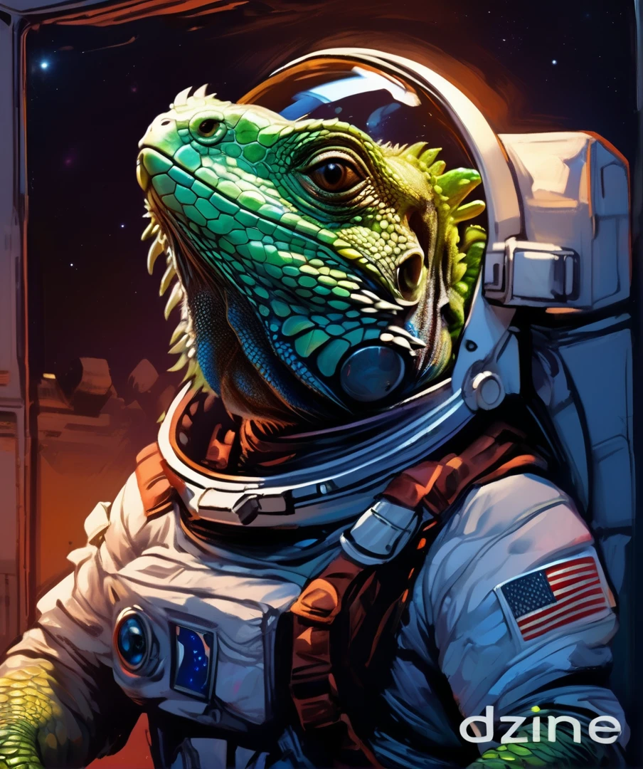 lizard in spacesuit with helmet and American flag on chest, reptilian extraterrestrial, science fiction lizard alien, lizard Man art, sci-fi lizard Man, amazing space creature 4k, hedgehog cosmonaut portrait, inspired by Bob Eggleton, lizard person, lizard Man, Detailed digital illustration, award-winning creature portrait, science fiction illustrations