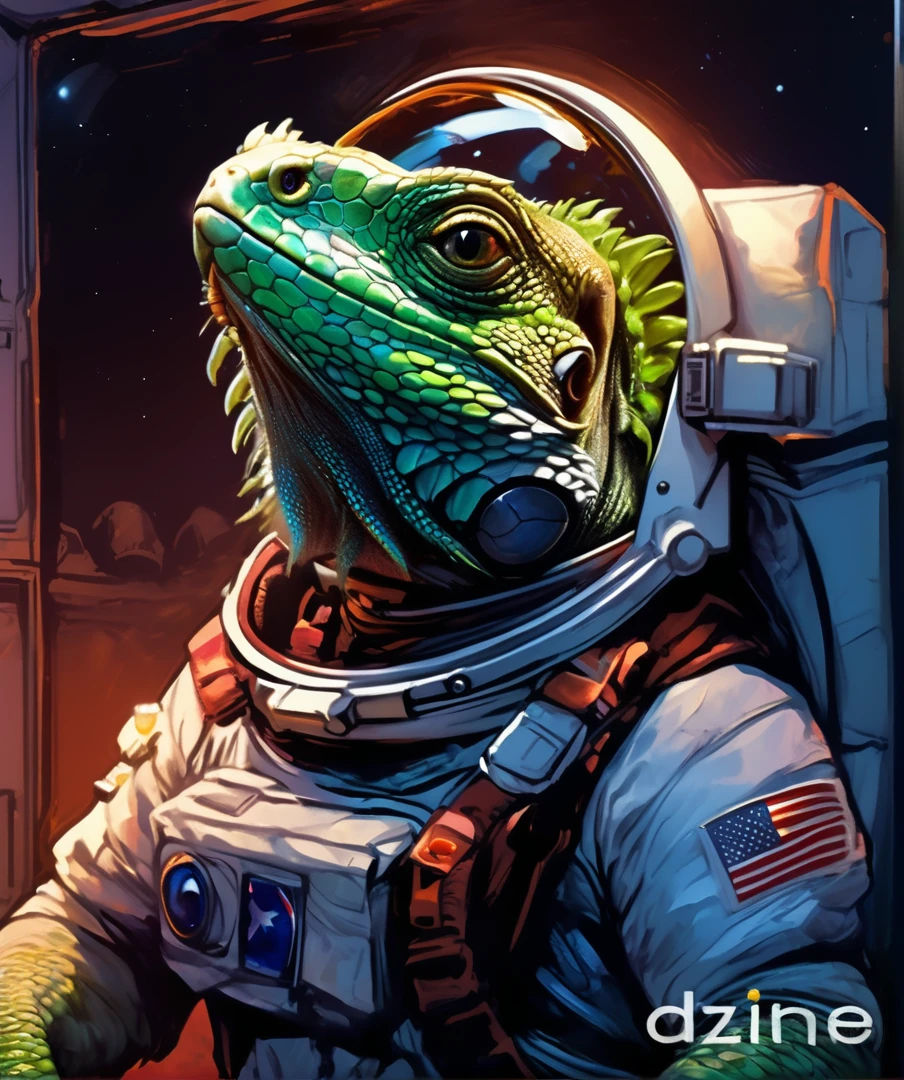 lizard in spacesuit with helmet and American flag on chest, reptilian extraterrestrial, science fiction lizard alien, lizard Man art, sci-fi lizard Man, amazing space creature 4k, hedgehog cosmonaut portrait, inspired by Bob Eggleton, lizard person, lizard Man, Detailed digital illustration, award-winning creature portrait, science fiction illustrations