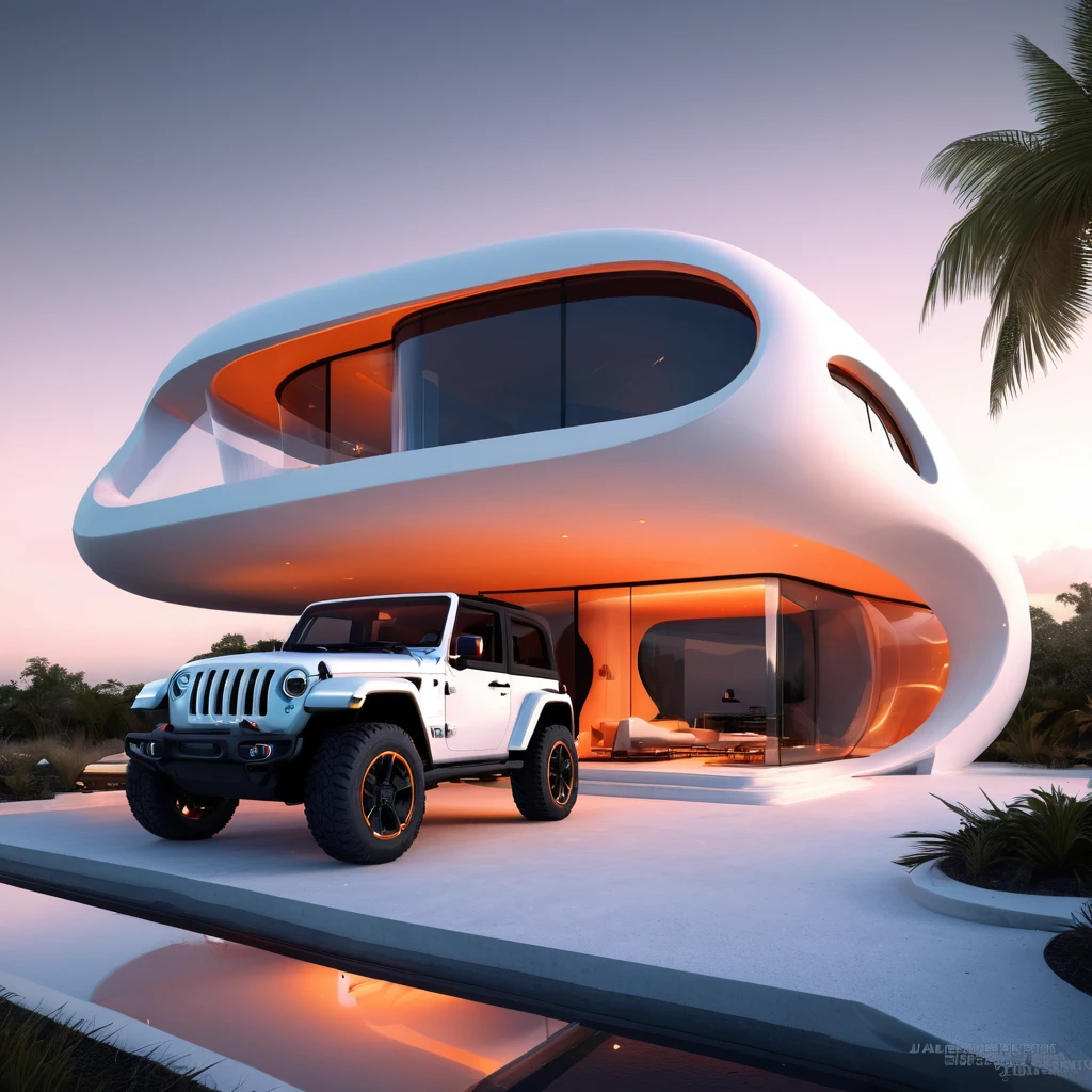 a futuristic house with a jeep wrangler parked in front of it, cgsocietywlop, beautiful curves, intricate devilish designs, qualia, interesting shapes & form, wow factor, elaborate polished, architectural rendering, miami, orange soft lighting in interior of house, futuristic battlefield, inspired by James E. Brewton, precise architectural rendering